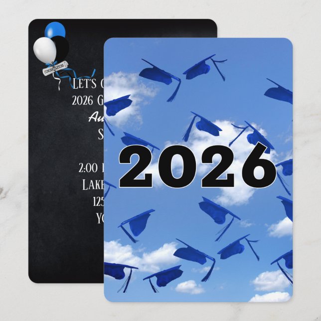 2026 Blue Graduation Hats in Sky  Invitation (Front/Back)