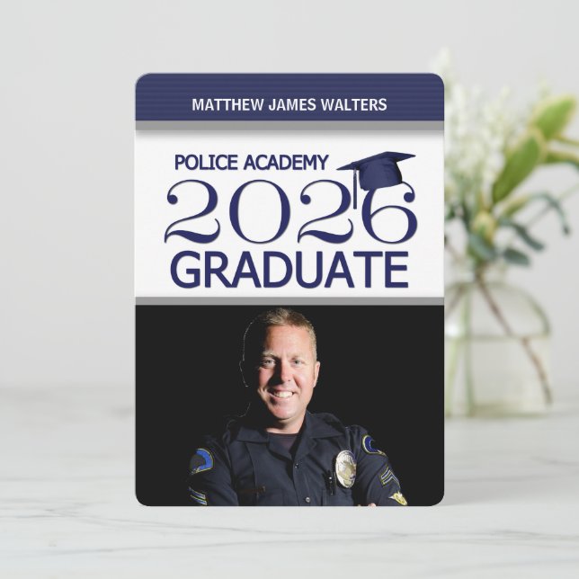 2026 Blue Photo Police Academy Graduation Invitation (Standing Front)