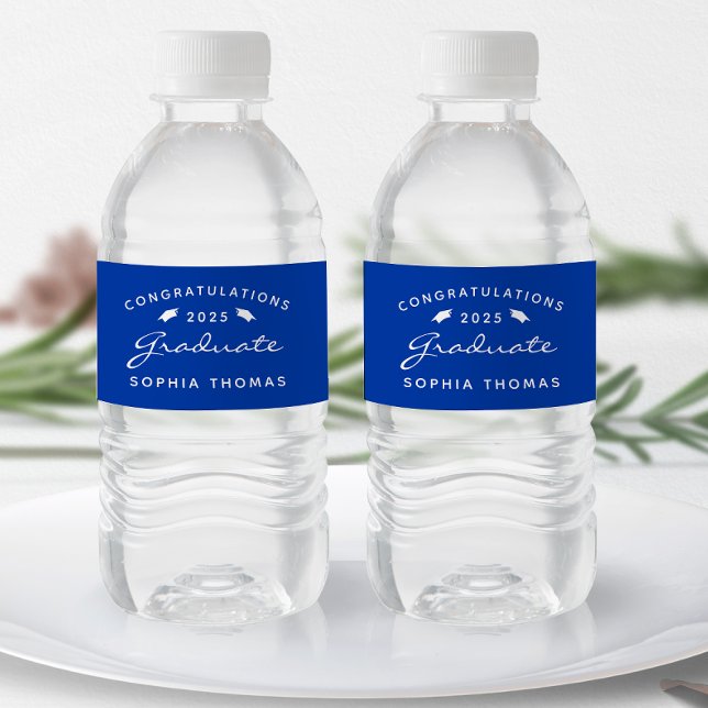 2026 Blue White Script Cap Graduation Water Bottle Label (Creator Uploaded)