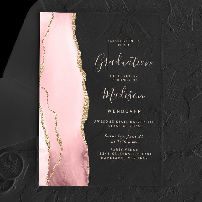 2026 Blush Pink Gold Agate Gold Text Graduation Acrylic Invitations (Creator Uploaded)