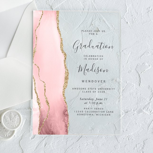 2026 Blush Pink Gold Agate Gray Text Graduation Acrylic Invitations (Creator Uploaded)