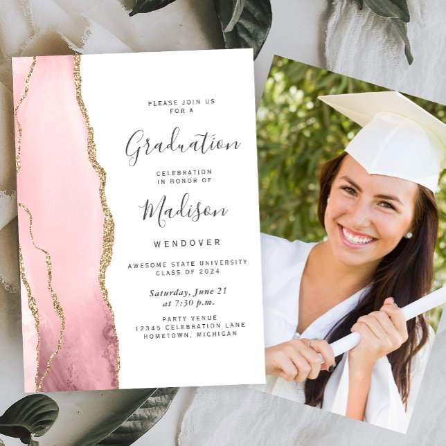 2026 Blush Pink Gold Agate Photo Graduation Invitation (Creator Uploaded)