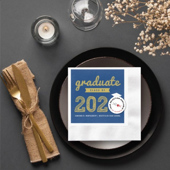 2026 Bold Gold Sketch Text Modern Graduation Party Paper Napkins (Class of 20YY Bold Gold Sketch & Dark Blue Graduation Party Paper Napkin @ zazzle.com/color_therapy)