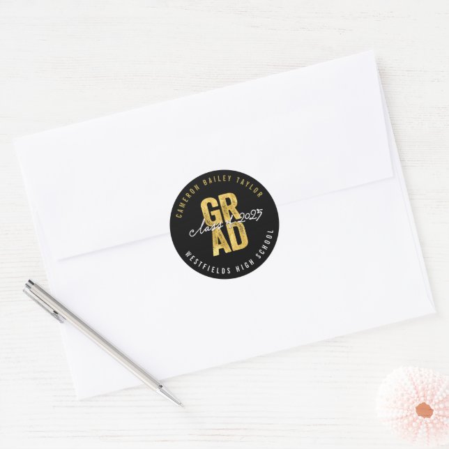 2026 Bold GRAD Gold & Black Stylish Graduation Classic Round Sticker (Envelope)