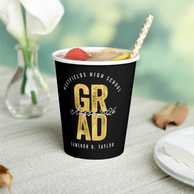 2026 Bold GRAD Gold Foil Stylish Graduation Party Paper Cups (Insitu)