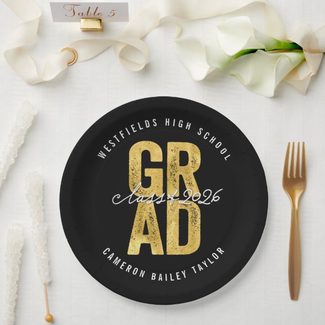 2026 Bold GRAD Gold Foil Stylish Graduation Party Paper Plates (Wedding)
