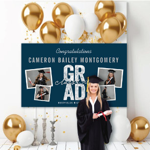 2026 Bold Silver GRAD 4 Photo Graduation Party Banner