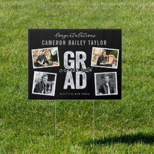 2026 Bold Silver GRAD 4 Photo Graduation Party Sign
