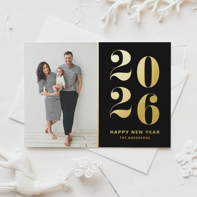 2026 Bold Typography Black New Year Photo Foil Holiday Card (Customizable photo Happy New Year card featuring 2026 in gold foil and black background.)