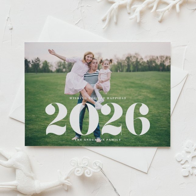 2026 Bold Typography Horizontal Photo New Year Holiday Card (Send new year cheer with this customizable photo 2026 new year card.)