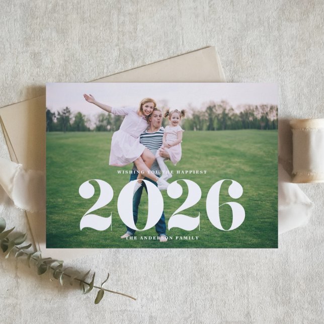 2026 Bold Typography Horizontal Photo New Year Holiday Card (Send new year cheer with this customizable photo 2026 new year card.)