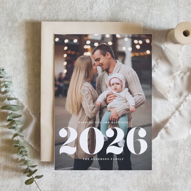 2026 Bold Typography Vertical Photo New Year Holiday Card (Ring in 2026 with this Happy New Year vertical photo card featuring 2026 in retro typography. )