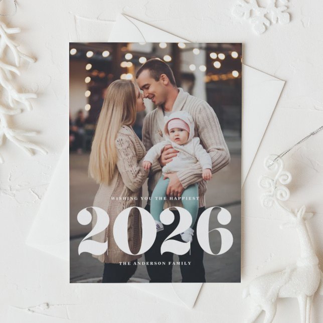 2026 Bold Typography Vertical Photo New Year Holiday Postcard (Ring in 2026 with this Happy New Year vertical photo postcard featuring 2026 in retro typography. )