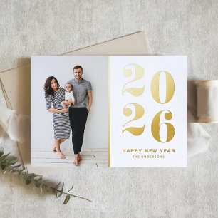 2026 Bold Typography White New Year Photo Foil Holiday Card
