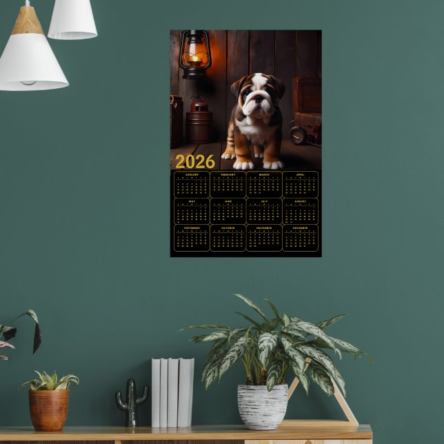 2026 Bulldog Puppy with Lantern Calendar Poster (Living Room 1)