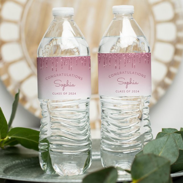 2026 Burgundy Glitter Drip Graduation Party Water Bottle Label (Creator Uploaded)