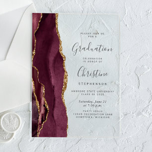 2026 Burgundy Gold Agate Gray Text Graduation Acrylic Invitations