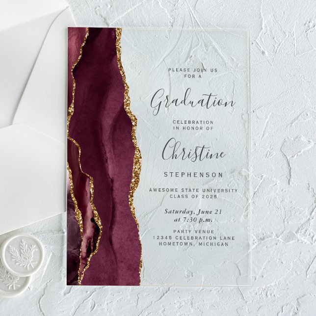 2026 Burgundy Gold Agate Gray Text Graduation Acrylic Invitations (Creator Uploaded)