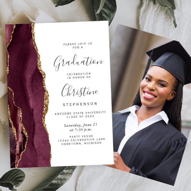 2026 Burgundy Gold Agate Photo Graduation Invitation (Creator Uploaded)