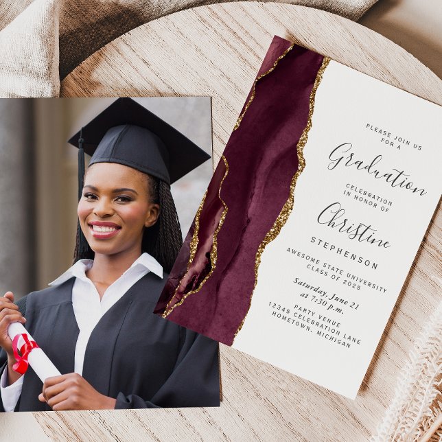 2026 Burgundy Gold Agate Photo Graduation Invitation (Creator Uploaded)