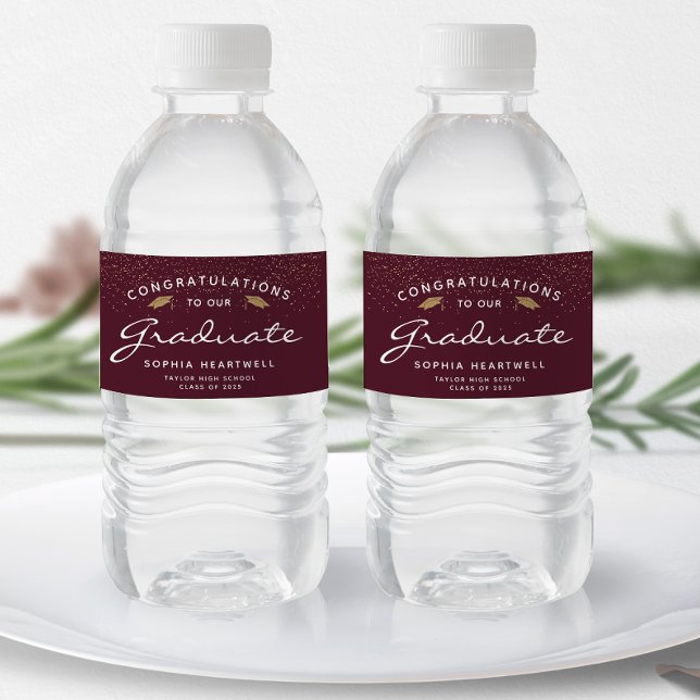2026 Burgundy Gold Cap White Script Graduation Water Bottle Label (Creator Uploaded)