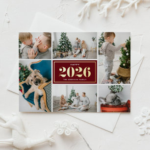 2026 Burgundy Happy New Year Photo Collage Foil Holiday Postcard