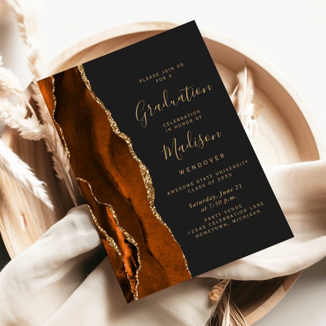 2026 Burnt Orange Agate Dark Graduation Invitation (Creator Uploaded)