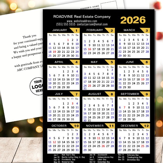2026 Business Calendar with US Holidays Gold Black Holiday Postcard (Creator Uploaded)