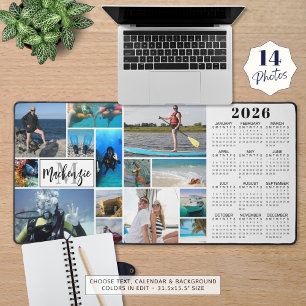 2026 Calendar 14 Photos Monogram Name Custom Color Desk Mat