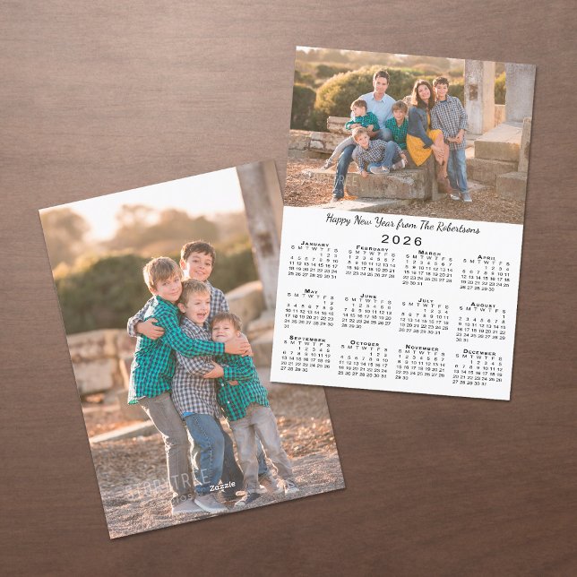 2026 Calendar 2 Custom Photos Happy New Year Holiday Card (2026 Calendar 2 Custom Photos Happy New Year Holiday Card, front/back)