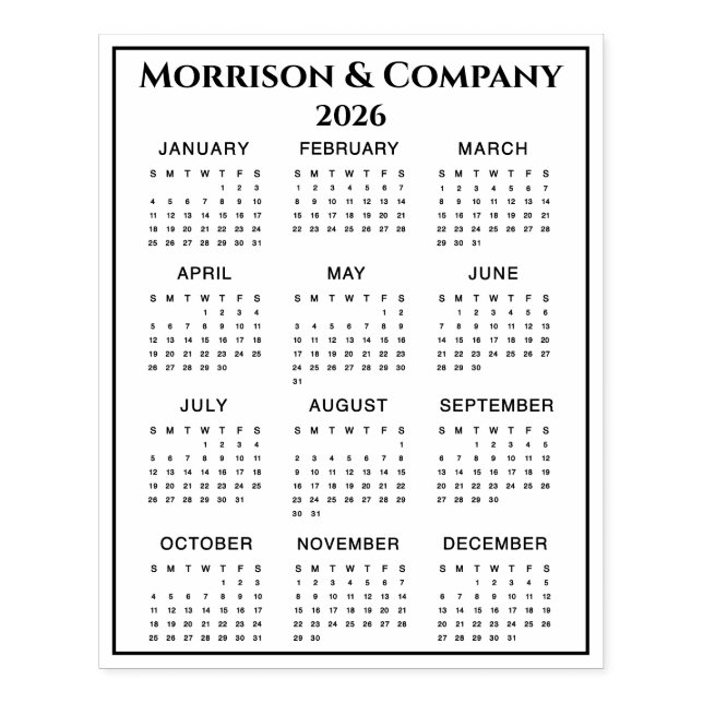 2026 Calendar #3 Four Rows, Three Columns, Name Rubber Stamp (Imprint)