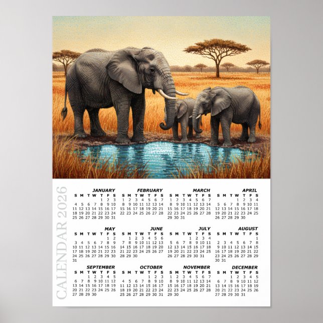 2026 Calendar, African Elephans, Safari, Africa Poster (Front)