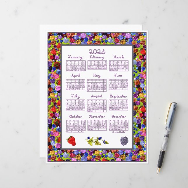 2026 Calendar Berries Art Frame Berry Fabric Font (Front/Back In Situ)