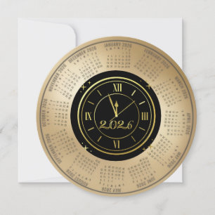 2026 Calendar Black and Gold New Year’s Clock Holiday Card