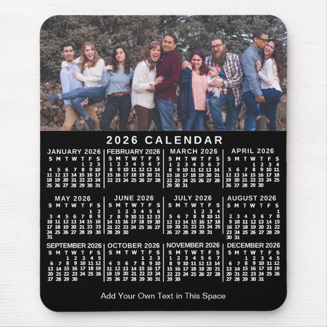 2026 Calendar Black Personalized Photo Name Bold Mouse Pad (Front)