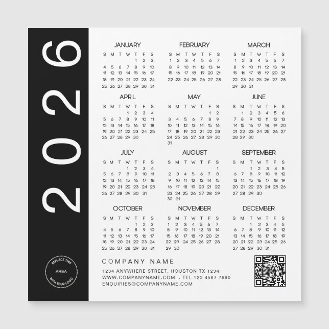 2026 Calendar Black Text QR Code Company Logo (Front)