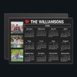 2026 Calendar Black White Photo Collage Magnet<br><div class="desc">Start 2026 with this family and friends oriented three photo collage black and white calendar fridge magnet. With easy-to-read dates in bold white set against a black background, this calendar tells in tale simply and clearly; highlighted three special photos and personalized family name or other text (and a little heart...</div>