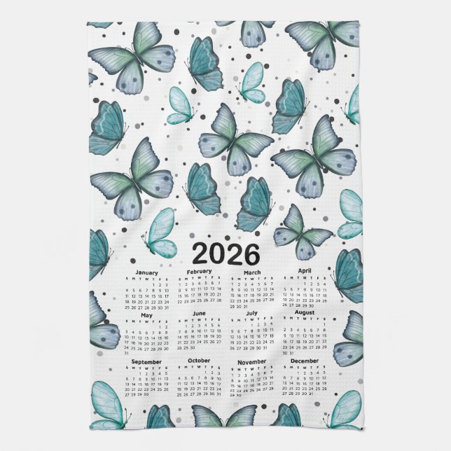 2026 Calendar Blue Green Butterflies Pattern Kitchen Towel (Vertical)