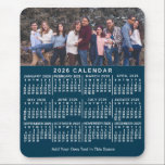 2026 Calendar Blue Personalized Photo Name Bold Mouse Pad<br><div class="desc">This 2026 year personalized monthly calendar mousepad / mousemat shows the days of the week for each month in classic, professional-looking white on a blue background. This is a simple, bold yearly calendar mousepad to help you conquer the new year, with large-print, easy-to-read numbers. Always know what date it is...</div>