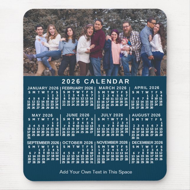 2026 Calendar Blue Personalized Photo Name Bold Mouse Pad (Front)