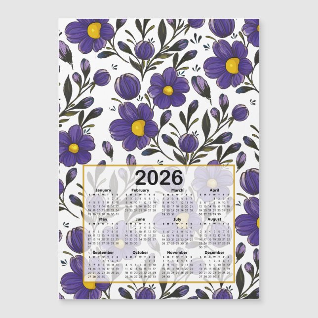 2026 Calendar Blue Violet Flowers with Leaves (Front)