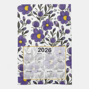2026 Calendar Blue Violet Flowers with Leaves Kitchen Towel