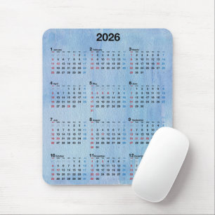 2026 Calendar Blue Watercolor Abstract Mouse Pad