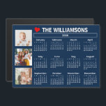 2026 Calendar Blue White Photo Collage Magnet<br><div class="desc">Start 2026 with this family and friends oriented three photo collage blue and white calendar fridge magnet. With easy-to-read dates in bold white set against a blue background, this calendar tells in tale simply and clearly; highlighted three special photos and personalized family name or other text (and a little heart...</div>