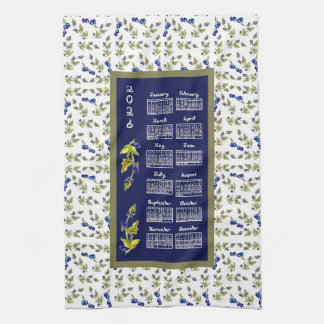 2026 Calendar Blueberries On Stem Vine Leaves Navy Kitchen Towel