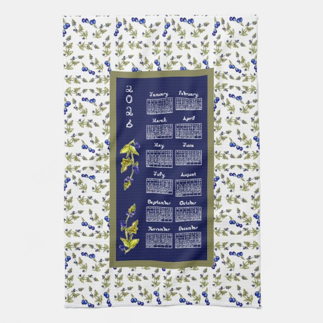 2026 Calendar Blueberries On Stem Vine Leaves Navy Kitchen Towel (Vertical)