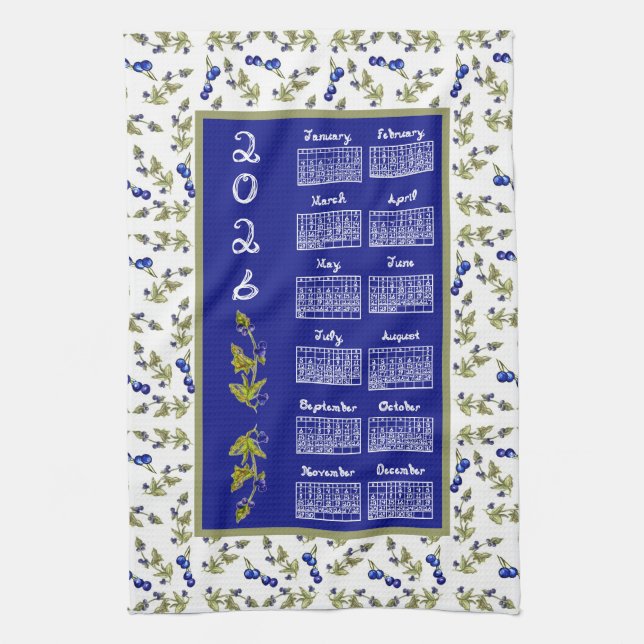 2026 Calendar Blueberries Stem Leaves Blue White Kitchen Towel (Vertical)