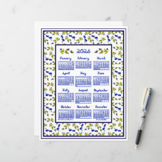 2026 Calendar Blueberries Stem Leaves Fabric Font