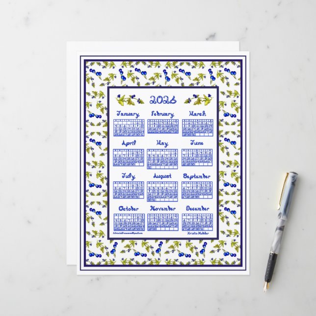 2026 Calendar Blueberries Stem Leaves Fabric Font (Front/Back In Situ)