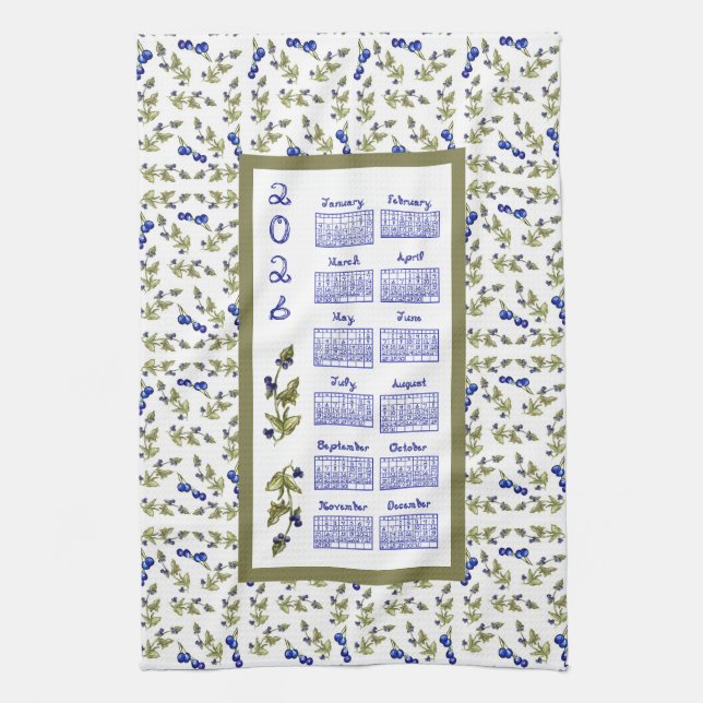 2026 Calendar Blueberries Stem Vine Leaves White Kitchen Towel (Vertical)